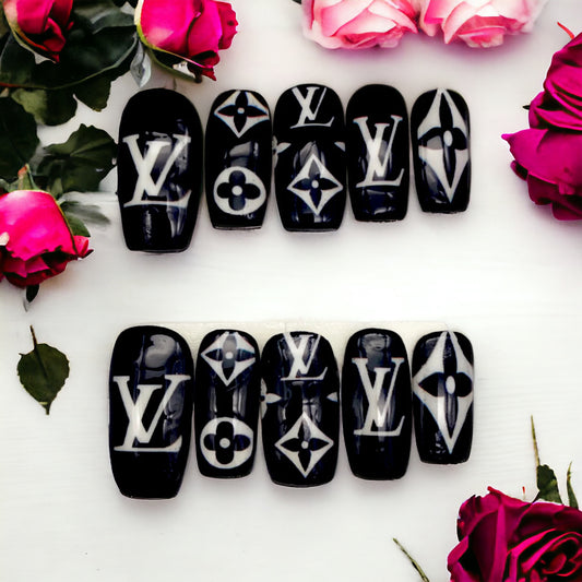 LV Black And White Handmade Press On Nails